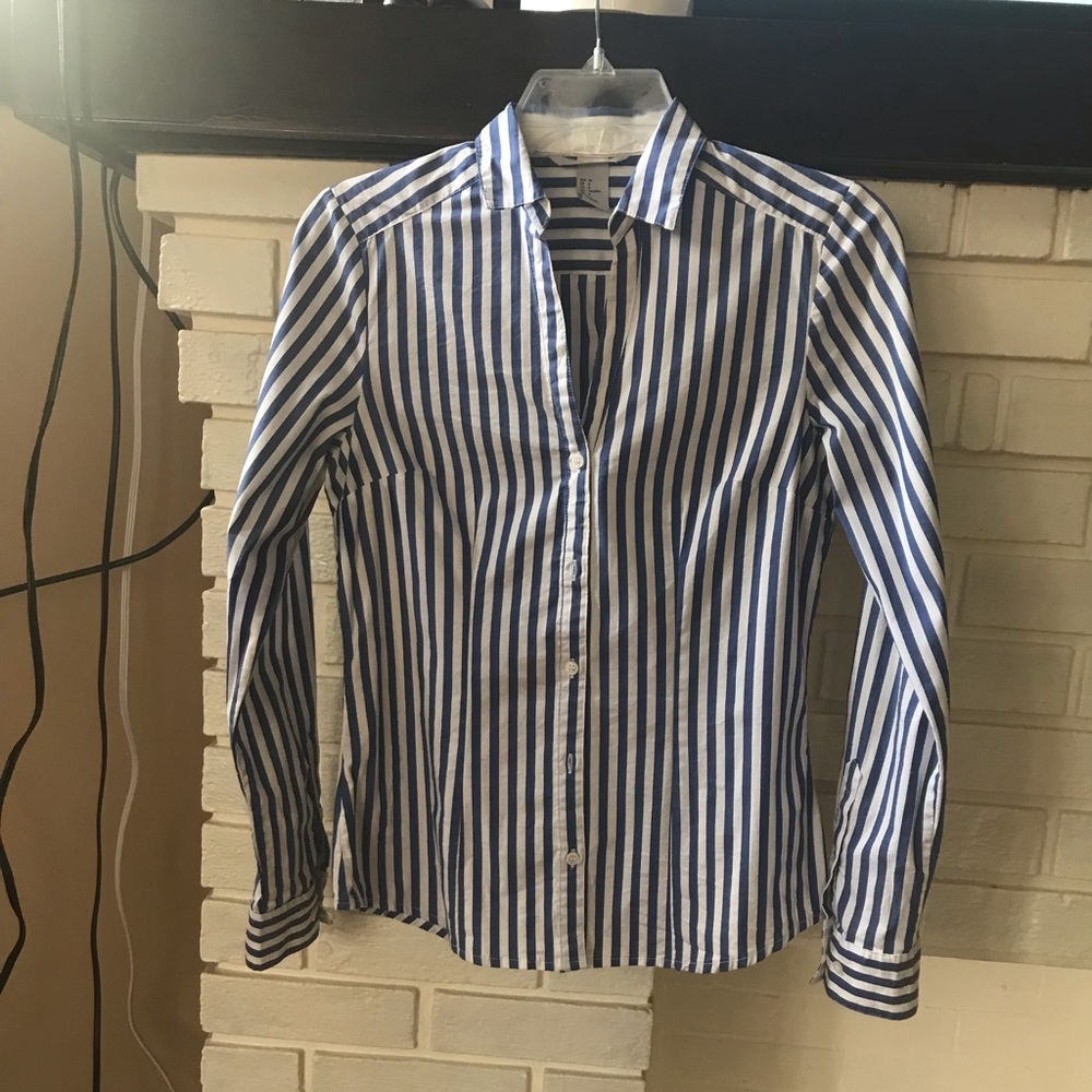 Blue and white striped button up blouse